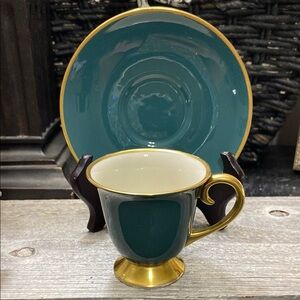 Vintage Flintridge Teal and Gold Cup & Saucer Set!